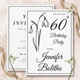 Invitación Cumpleaños 60 Snowdrop Floral Negro Y Blanco