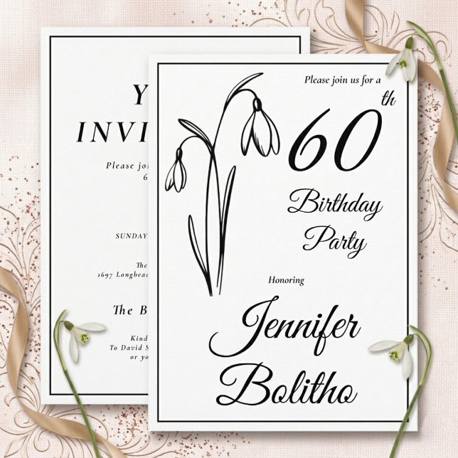 Invitación Cumpleaños 60 Snowdrop Floral Negro Y Blanco (60th Birthday Snowdrop Invitation.)