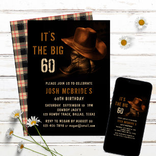 Invitación Cumpleaños 60 sombrero y botas de vaquero occident