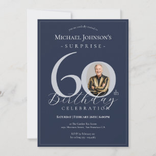 Invitación Cumpleaños 60 Sorpresa Foto Azul Marino Plata