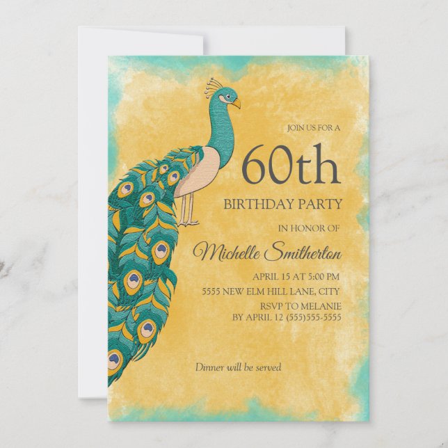 Invitación Cumpleaños 60 Teal Amarillo Acuarela Pavo Real (Anverso)