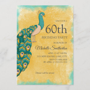 Invitación Cumpleaños 60 Teal Amarillo Acuarela Pavo Real