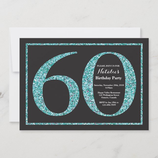 Invitación Cumpleaños 60 Teal Glitter Pizarra (Anverso)