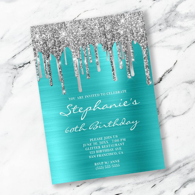 Invitación Cumpleaños 60 Turquesa Azul y Goteo de Plata (Subido por el creador)