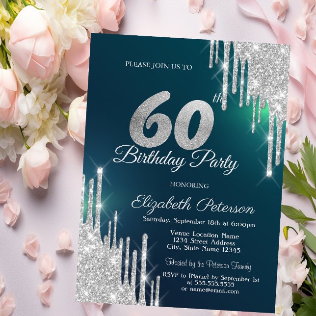 Invitación Cumpleaños 60 Verde con Goteo de Brillo Plateado (Subido por el creador)