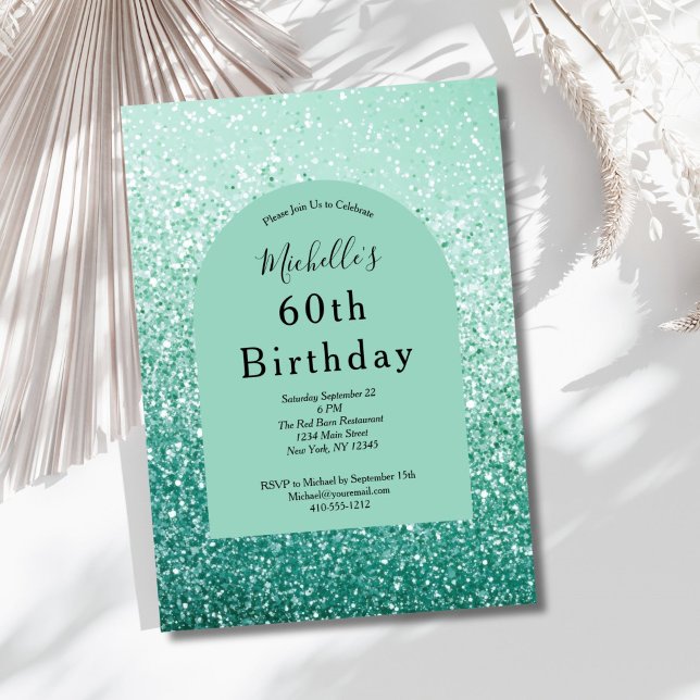 Invitación Cumpleaños 60 Verde Menta Brillo Glam Bling Ella (Mint Green Glitter 60th ( or any year ) birthday invitation for her. Glam Bling. Printed or Digital)