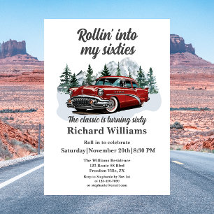 Invitación Cumpleaños 60 Viaje en Coche Clásico Retro