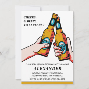 Invitación Cumpleaños 61 de hombres adultos Cheers and Beers