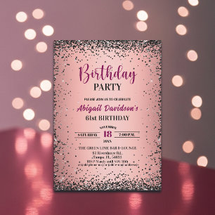 Invitación Cumpleaños 61 Elegante Glitter Metálico Rosa