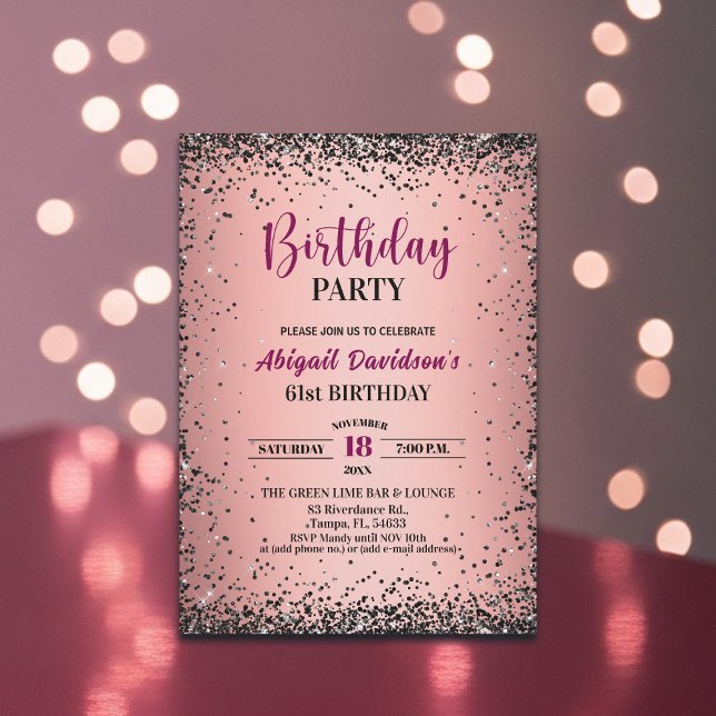 Invitación Cumpleaños 61 Elegante Glitter Metálico Rosa (Subido por el creador)