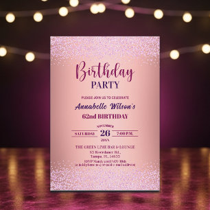 Invitación Cumpleaños 62 Elegante Rosa Brillo Metálico Rosa