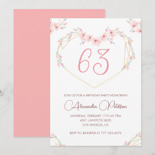 Invitación Cumpleaños 63 Boho Floral Acuarela Rosa