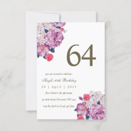 Invitación Cumpleaños 64 Botánico Floral Púrpura Simple Chic