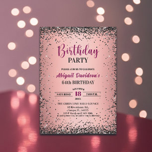 Invitación Cumpleaños 64 Elegante Glitter Metálico Rosa