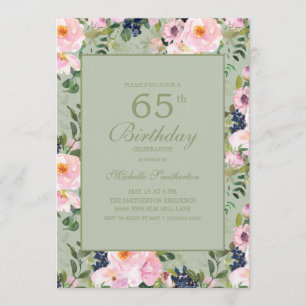 Invitación Cumpleaños 65 Blush Rosa Floral Verde Menta
