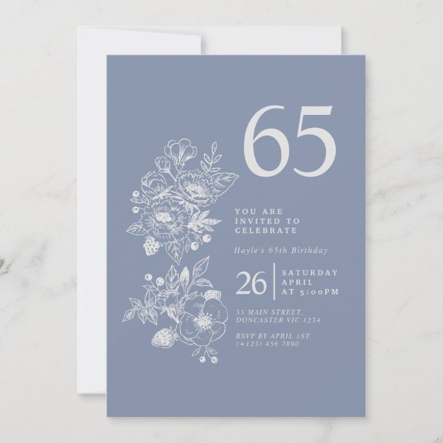 Invitación Cumpleaños 65 Botanical Wildflower Dusty Blue (Anverso)