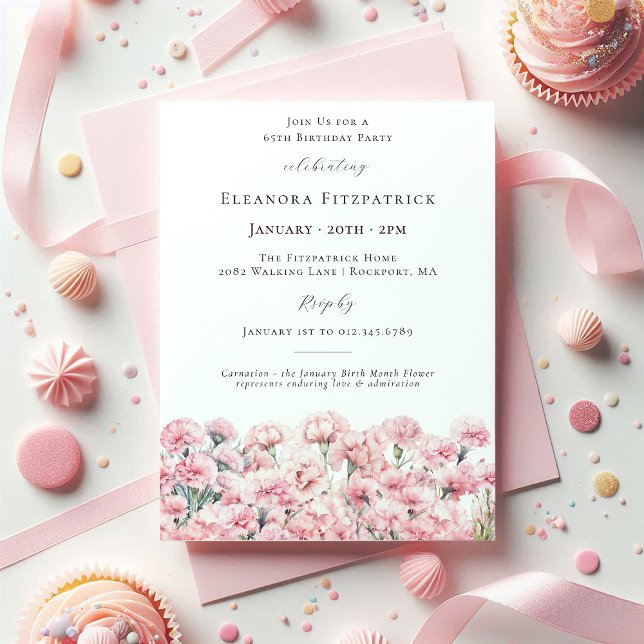Invitación Cumpleaños 65 Clavel Rosa Flor de Nacimiento de En (Subido por el creador)