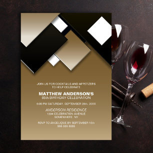 Invitación Cumpleaños 65 de Cóctel Abstracto Negro y Dorado