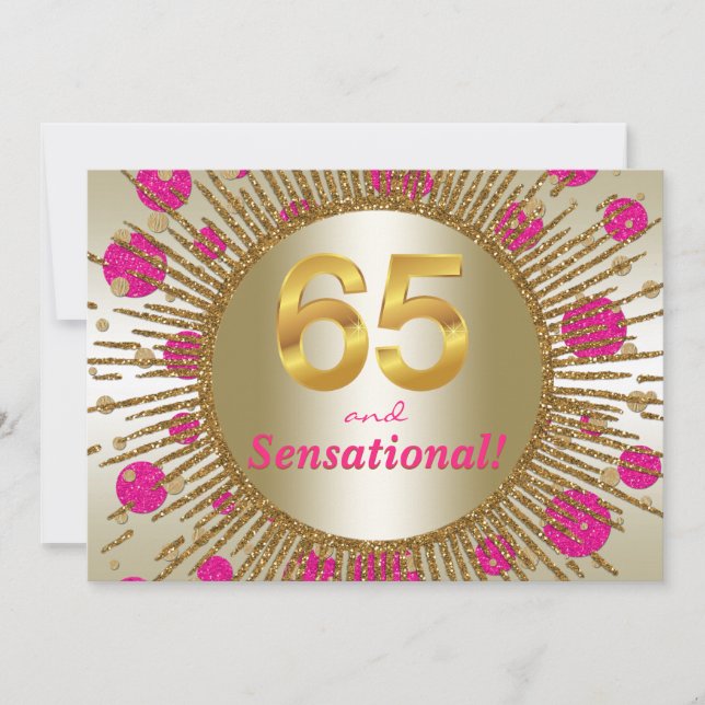 Invitación Cumpleaños 65 de mujer Fuchsia Rosa Dorado (Anverso)