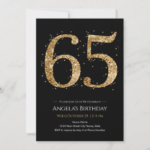 Invitación Cumpleaños 65 dorado negro con brillo