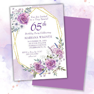 Invitación Cumpleaños 65 Elegante con Acuarela Floral Púrpura