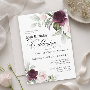 Invitación Cumpleaños 65 Elegante Floral Burgundy Rosa Pálido