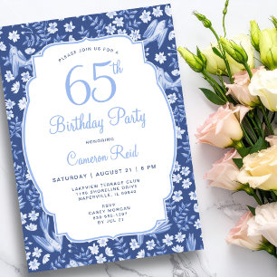 Invitación Cumpleaños 65 Elegante Floral Femenino Pájaro Azul