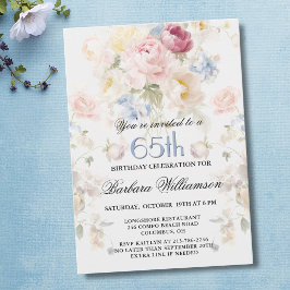 Invitación Cumpleaños 65 Elegante Rosa Floral Pintada con Toq