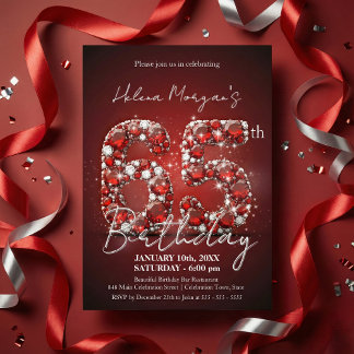 Invitación Cumpleaños 65 Elegante Rubí Rojo y Plata con Piedr