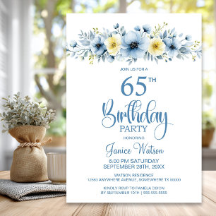 Invitación Cumpleaños 65 en Acuarela Azul y Amarillo Floral