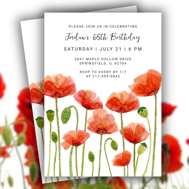 Invitación Cumpleaños 65 Florales Amapolas Acuarela Chic (Effortless elegance for her milestone moment. Edit for Any Age.)