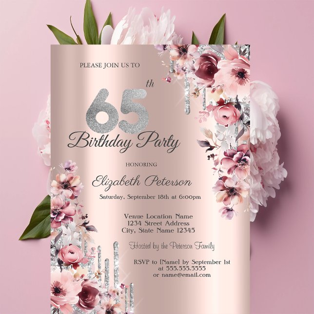 Invitación Cumpleaños 65 Glitter Drips Rosa Oro Floral (Subido por el creador)