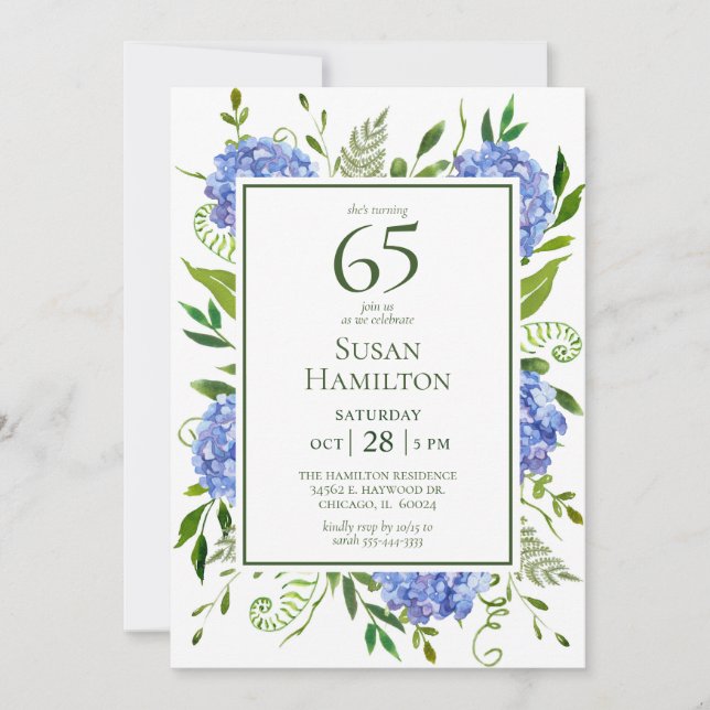 Invitación Cumpleaños 65 Hydrangeas Azules (Anverso)