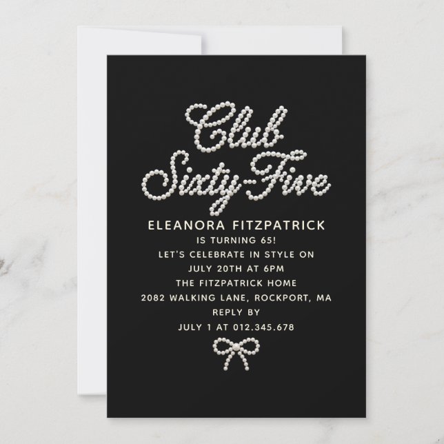 Invitación Cumpleaños 65 negro blanco perla guión lazo (Anverso)