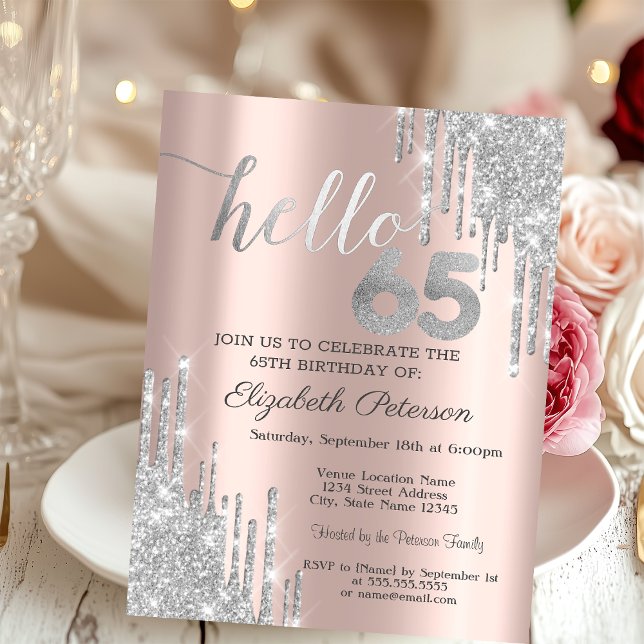 Invitación Cumpleaños 65 Plateado con Brillo en Gotas Rosa Do (Subido por el creador)