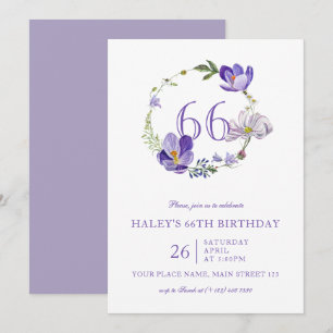 Invitación Cumpleaños 66 de Flor Silvestre Floral Púrpura Vin