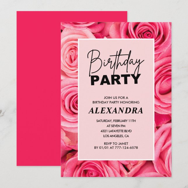 Invitación Cumpleaños 66 Elegantes Rosas Rosadas Florales (Anverso / Reverso)