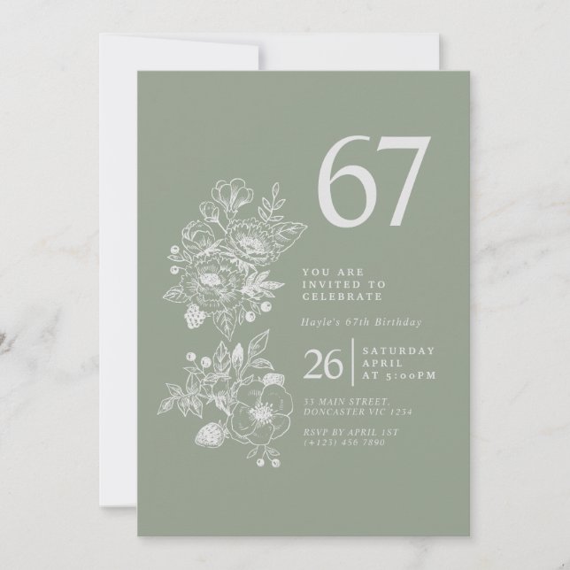 Invitación Cumpleaños 67 Botanical Wildflower Sage Verde (Anverso)