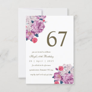 Invitación Cumpleaños 67 Botánico Floral Púrpura Simple Chic