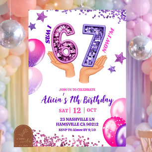 Invitación Cumpleaños 67 de mano con brillo rosa púrpura