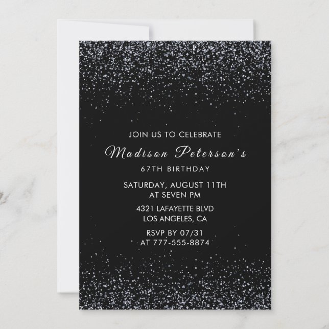 Invitación Cumpleaños 67 Glam Chic Brillo Plateado Negro (Anverso)