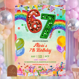 Invitación Cumpleaños 67 Glitter Sequin Arcoíris St Patrick