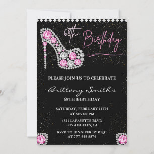 Invitación Cumpleaños 68 Glam Black Pink Plata Diamante