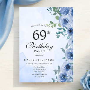 Invitación Cumpleaños 69 con estilo Dusty Blue Watercolor Flo