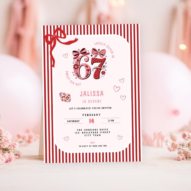 Invitación Cumpleaños 6 7 para niñas, 7º cumpleaños de niñas  (pink 6 7 kids girl's birthday party invitation)