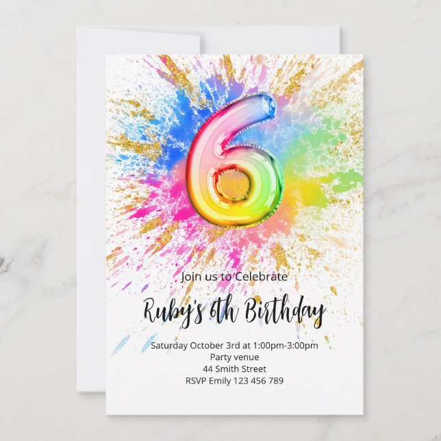 Invitación cumpleaños 6 arcoíris (Anverso)