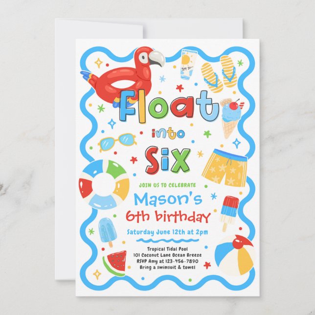 Invitación Cumpleaños 6 de fiesta de verano en la piscina Flo (Anverso)