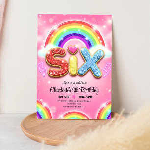 Invitación Cumpleaños 6 de Glitter de Purpurina de Arcoíris