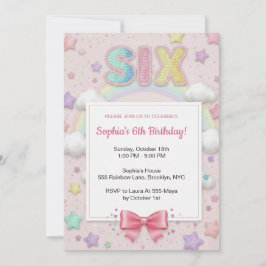 Invitación Cumpleaños 6 de niña con purpurina arcoíris pastel