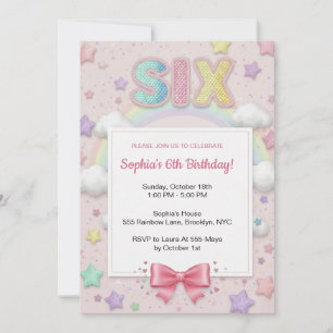 Invitación Cumpleaños 6 de niña con purpurina arcoíris pastel